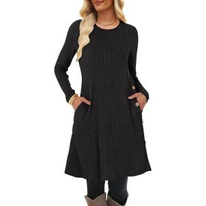 imageANRABESS Womens Long Sleeve Ribbed Knit Dresses 2025 Fall Casual Comfy Lounge Short Sweater Tunic Dress with Pockets ButtonsBlack
