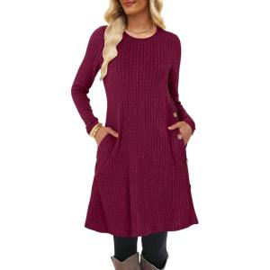 imageANRABESS Womens Long Sleeve Ribbed Knit Dresses 2025 Fall Casual Comfy Lounge Short Sweater Tunic Dress with Pockets ButtonsBurgundy