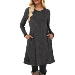 imageANRABESS Womens Long Sleeve Ribbed Knit Dresses 2025 Fall Casual Comfy Lounge Short Sweater Tunic Dress with Pockets ButtonsDark Grey