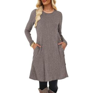 imageANRABESS Womens Long Sleeve Ribbed Knit Dresses 2025 Fall Casual Comfy Lounge Short Sweater Tunic Dress with Pockets ButtonsDeep Coffee