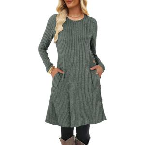 imageANRABESS Womens Long Sleeve Ribbed Knit Dresses 2025 Fall Casual Comfy Lounge Short Sweater Tunic Dress with Pockets ButtonsGreen Grey