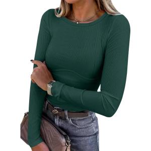 imageANRABESS Womens Long Sleeve Shirts Seamed Cup Crewneck Rib Knit Slim Tight Basic Top 2025 Fall Dressy Casual Corset TShirtsDeep Green