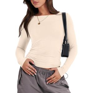 imageANRABESS Womens Long Sleeve Shirts Tight Fitted Going Out Crop Tops Crewneck Basic Tee Y2k Outfits Teens Girls ClothesApricot