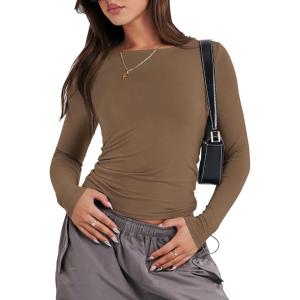 imageANRABESS Womens Long Sleeve Shirts Tight Fitted Going Out Crop Tops Crewneck Basic Tee Y2k Outfits Teens Girls ClothesBrown