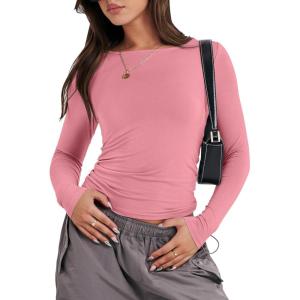 imageANRABESS Womens Long Sleeve Shirts Tight Fitted Going Out Crop Tops Crewneck Basic Tee Y2k Outfits Teens Girls ClothesDark Pink