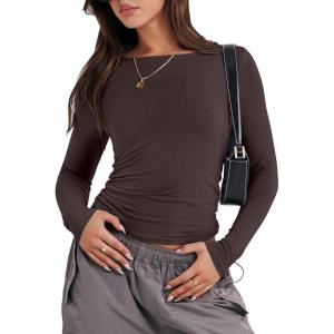 imageANRABESS Womens Long Sleeve Shirts Tight Fitted Going Out Crop Tops Crewneck Basic Tee Y2k Outfits Teens Girls ClothesDeep Brown