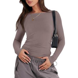 imageANRABESS Womens Long Sleeve Shirts Tight Fitted Going Out Crop Tops Crewneck Basic Tee Y2k Outfits Teens Girls ClothesGrey Khaki
