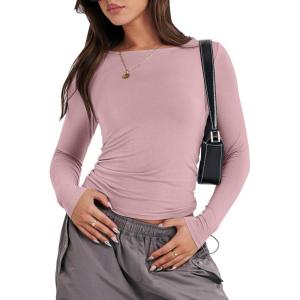 imageANRABESS Womens Long Sleeve Shirts Tight Fitted Going Out Crop Tops Crewneck Basic Tee Y2k Outfits Teens Girls ClothesGrey Pink