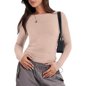 imageANRABESS Womens Long Sleeve Shirts Tight Fitted Going Out Crop Tops Crewneck Basic Tee Y2k Outfits Teens Girls ClothesLight Khaki