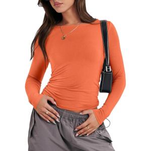 imageANRABESS Womens Long Sleeve Shirts Tight Fitted Going Out Crop Tops Crewneck Basic Tee Y2k Outfits Teens Girls ClothesOrange