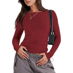 imageANRABESS Womens Long Sleeve Shirts Tight Fitted Going Out Crop Tops Crewneck Basic Tee Y2k Outfits Teens Girls ClothesRed