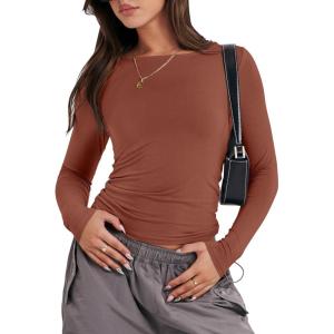 imageANRABESS Womens Long Sleeve Shirts Tight Fitted Going Out Crop Tops Crewneck Basic Tee Y2k Outfits Teens Girls ClothesReddish Brown