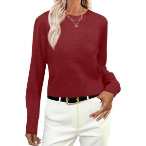 imageANRABESS Womens Long Sleeve Sweaters Cropped Crew Neck Business Casual Light Weight Sweater Tops Fall Fashion Clothes 2025Brick Red
