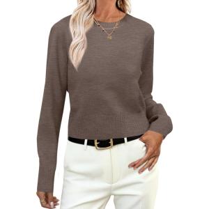 imageANRABESS Womens Long Sleeve Sweaters Cropped Crew Neck Business Casual Light Weight Sweater Tops Fall Fashion Clothes 2025Coffee