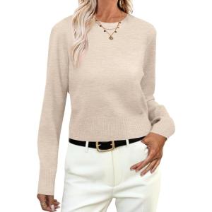 imageANRABESS Womens Long Sleeve Sweaters Cropped Crew Neck Business Casual Light Weight Sweater Tops Fall Fashion Clothes 2025Light Almond