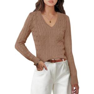 imageANRABESS Womens Long Sleeve V Neck Cable Knit Sweater Jumper 2025 Fall Pullover Top Cute Soft Ladies Dressy Casual OutfitsKhaki Tan