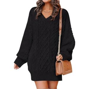 imageANRABESS Womens Long Sleeve V Neck Oversized Cable Knit Mini Sweater Dresses 2025 Fall Trendy Baggy Pullover Tunic OutfitsBlack