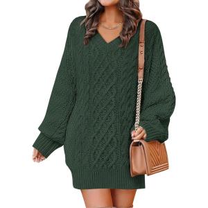 imageANRABESS Womens Long Sleeve V Neck Oversized Cable Knit Mini Sweater Dresses 2025 Fall Trendy Baggy Pullover Tunic OutfitsDeep Green