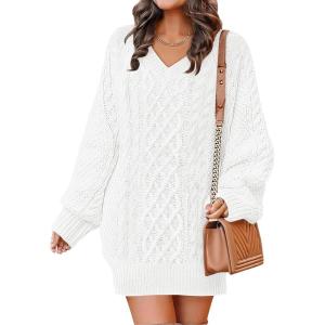 imageANRABESS Womens Long Sleeve V Neck Oversized Cable Knit Mini Sweater Dresses 2025 Fall Trendy Baggy Pullover Tunic OutfitsWhite
