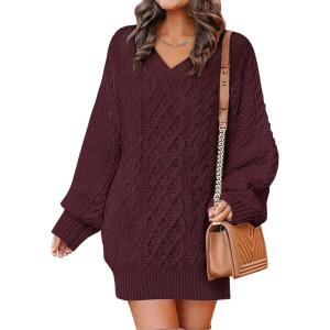 imageANRABESS Womens Long Sleeve V Neck Oversized Cable Knit Mini Sweater Dresses 2025 Fall Trendy Baggy Pullover Tunic OutfitsWine Red