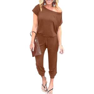 imageANRABESS Womens Loose Summer Casual Off Shoulder Elastic Waist Stretchy Long Romper Jumpsuit01brick Red
