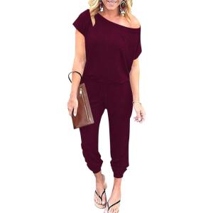 imageANRABESS Womens Loose Summer Casual Off Shoulder Elastic Waist Stretchy Long Romper Jumpsuit01burgundy