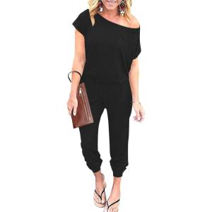 imageANRABESS Womens Loose Summer Casual Off Shoulder Elastic Waist Stretchy Long Romper JumpsuitBlack
