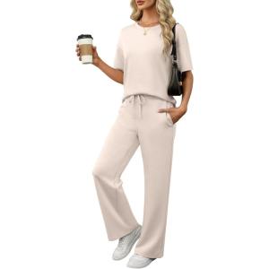 imageANRABESS Womens Lounge Sets 2 Piece Outfits Summer Casual Short Sleeve Sweatsuits Matching Tracksuits Wide Leg Pant SetApricot