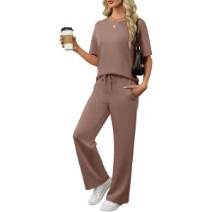 imageANRABESS Womens Lounge Sets 2 Piece Outfits Summer Casual Short Sleeve Sweatsuits Matching Tracksuits Wide Leg Pant SetBrown