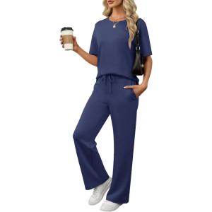 imageANRABESS Womens Lounge Sets 2 Piece Outfits Summer Casual Short Sleeve Sweatsuits Matching Tracksuits Wide Leg Pant SetNavy Blue