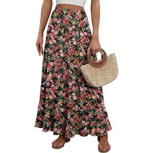 imageANRABESS Womens Maxi Skirt Elastic High Waist Swing Tiered Aline Flowy Pleated Boho Beach Vacation Long SkirtsFloral Black Red