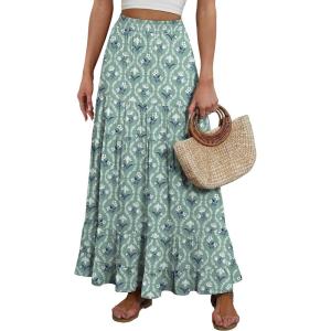imageANRABESS Womens Maxi Skirt Elastic High Waist Swing Tiered Aline Flowy Pleated Boho Beach Vacation Long SkirtsFloral Green