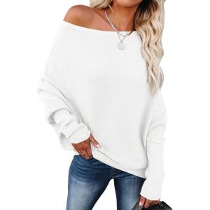 imageANRABESS Womens Off Shoulder Sweaters 2025 Fall Long Batwing Sleeve Loose Fit Knit Tops Casual Pullovers JumpersWhite