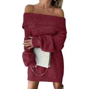 imageANRABESS Womens Off The Shoulder Sweater Dress Casual Loose Knit 2025 Fall Winter Trendy Long Sleeve Pullover Mini DressesBerry Red