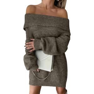 imageANRABESS Womens Off The Shoulder Sweater Dress Casual Loose Knit 2025 Fall Winter Trendy Long Sleeve Pullover Mini DressesDeep Camel