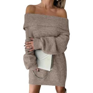 imageANRABESS Womens Off The Shoulder Sweater Dress Casual Loose Knit 2025 Fall Winter Trendy Long Sleeve Pullover Mini DressesLight Khaki