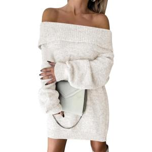 imageANRABESS Womens Off The Shoulder Sweater Dress Casual Loose Knit 2025 Fall Winter Trendy Long Sleeve Pullover Mini DressesWhite