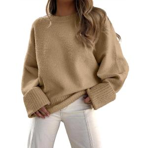imageANRABESS Womens Oversized Crewneck Long Sleeve Fuzzy Knit Casual Chunky Warm 2025 Fall Pullover Sweaters Top Trendy OutfitsDark Khaki
