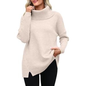 imageANRABESS Womens Oversized Sweater Turtleneck Long Sleeve Casual Knit Tunic Pullover Sweaters Tops 2025 Fall Winter OutfitsAlmond