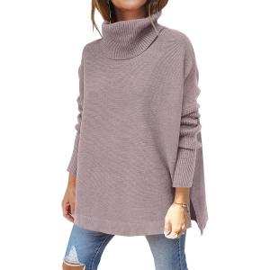 imageANRABESS Womens Oversized Turtleneck Batwing Sleeve Spilt Casual Loose Knit Tunic Pullover Sweater Tops 2025 Fall OutfitsAlmond