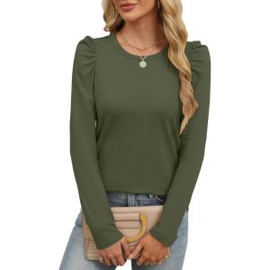 imageANRABESS Womens Puff Long Sleeve Shirts Crewneck Fall Tops Basic Dressy Casual Blouses 2025 Trendy OutfitsArmy Green