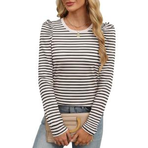 imageANRABESS Womens Puff Long Sleeve Shirts Crewneck Fall Tops Basic Dressy Casual Blouses 2025 Trendy OutfitsStripe Almond