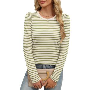 imageANRABESS Womens Puff Long Sleeve Shirts Crewneck Fall Tops Basic Dressy Casual Blouses 2025 Trendy OutfitsStripe Green
