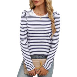 imageANRABESS Womens Puff Long Sleeve Shirts Crewneck Fall Tops Basic Dressy Casual Blouses 2025 Trendy OutfitsStripe Navy Blue