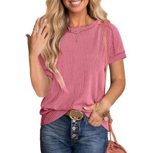 imageANRABESS Womens Short Sleeve Crewneck Shirts Ribbed Knit High Low Hem T Shirt 2025 Summer Spring Casual Tops Trendy ClothesCoral Pink