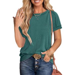 imageANRABESS Womens Short Sleeve Crewneck Shirts Ribbed Knit High Low Hem T Shirt 2025 Summer Spring Casual Tops Trendy ClothesDeep Green