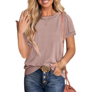 imageANRABESS Womens Short Sleeve Crewneck Shirts Ribbed Knit High Low Hem T Shirt 2025 Summer Spring Casual Tops Trendy ClothesKhaki Pink