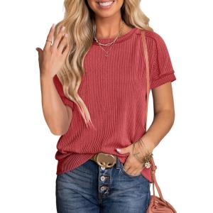 imageANRABESS Womens Short Sleeve Crewneck Shirts Ribbed Knit High Low Hem T Shirt 2025 Summer Spring Casual Tops Trendy ClothesRed