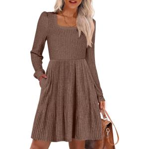 imageANRABESS Womens Square Neck Long Sleeve Fall Dress Casual Ribbed Knit Soft 2025 Trendy Short Sweater Dresses with PocketsBrown