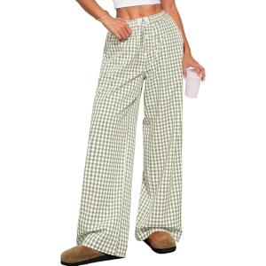 imageANRABESS Womens Striped Gingham Pants 2025 Pajama Lounge Boxer Pants Cute PJ Bottoms Casual Wide Leg Trousers with PocketsArmy Green White Plaid